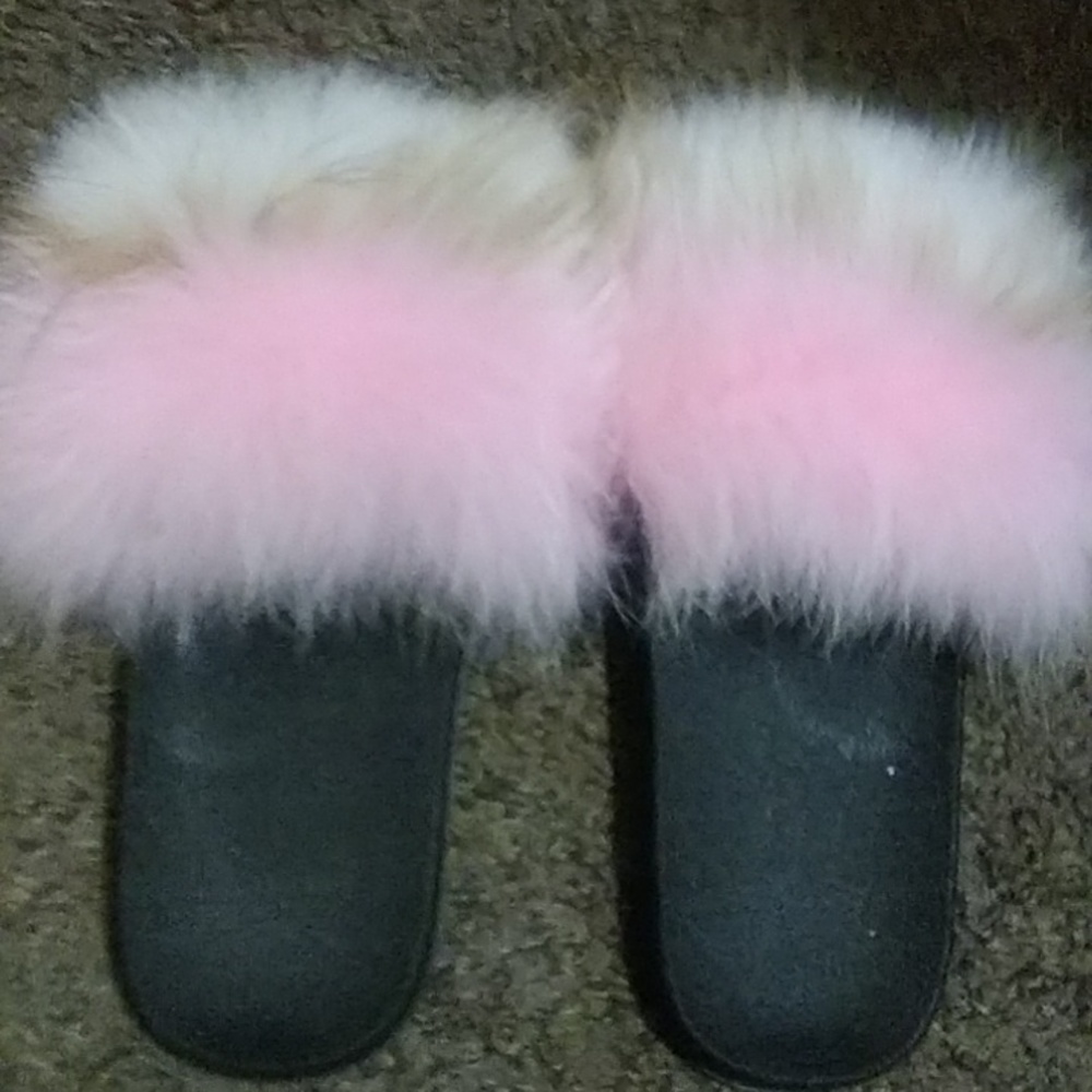 Pink white and brown fluffy sandals